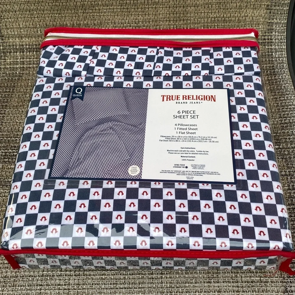 True Religion Blue Red White Plaid Polyester QUEEN Sheet Set 6pc